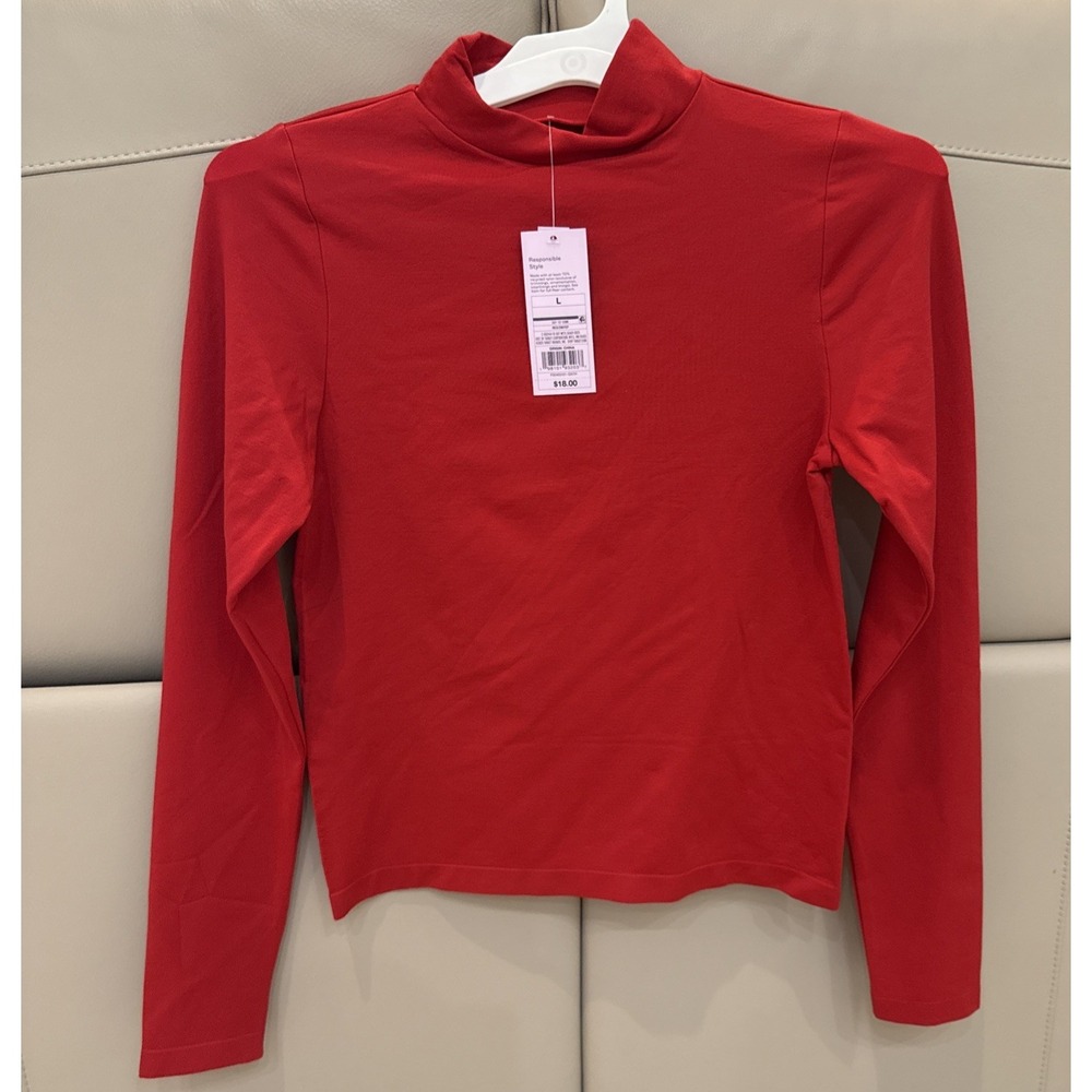 NWT Wild Fable Pullover Womens L Red Mock Neck Long Sleeve Stretch Top Basic